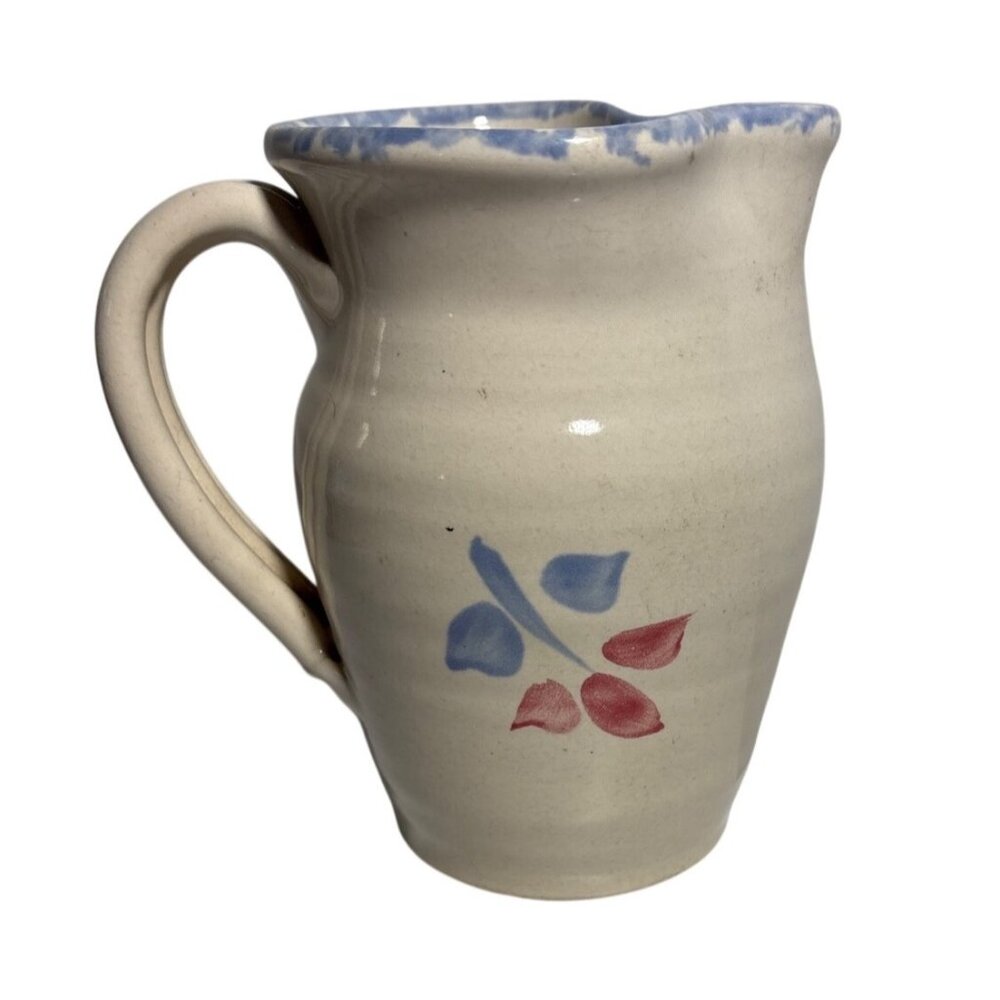 Creamer Pitcher Ceramic Salt Glazed With Floral Design & Blue Rim Signed